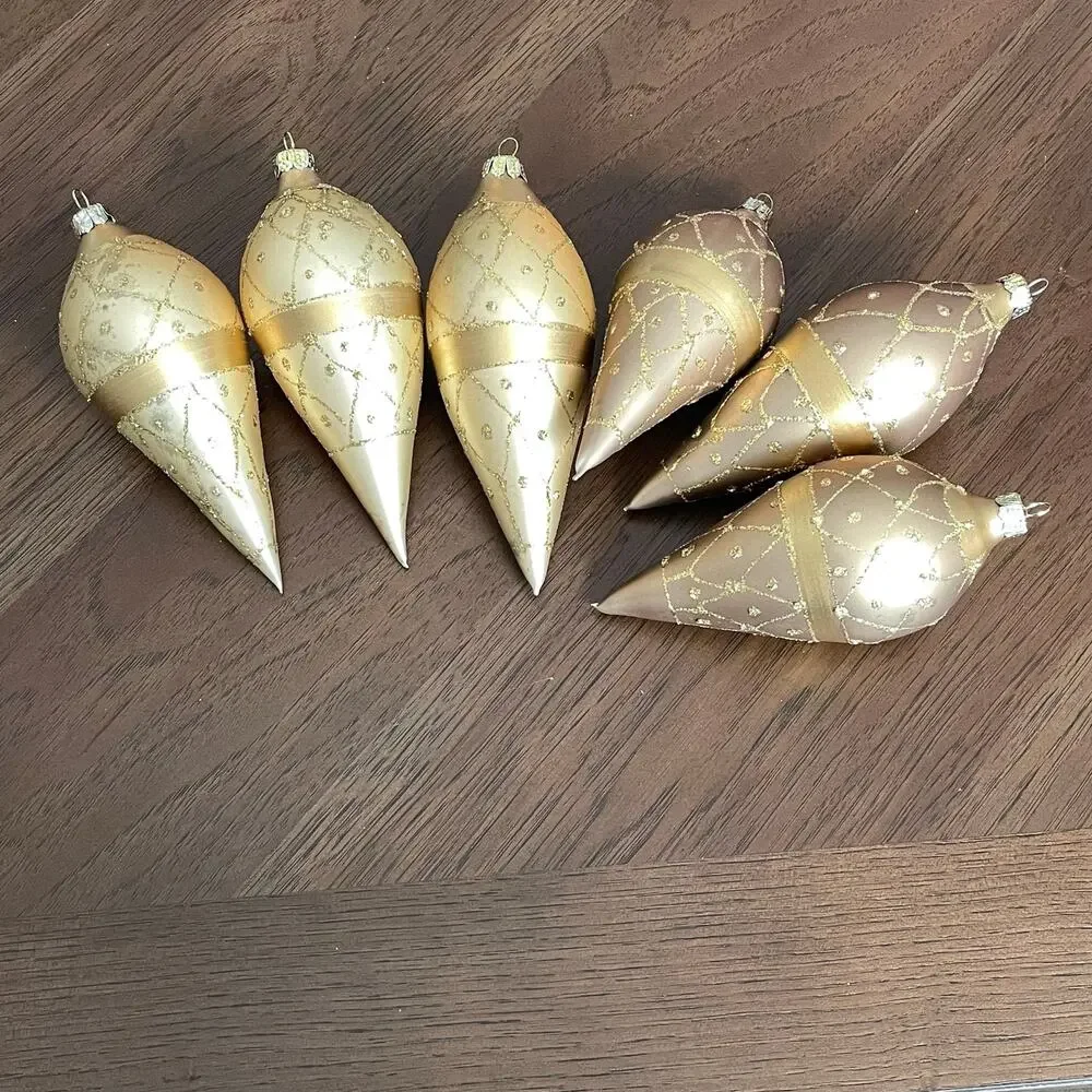 Hand Blown Gold Fluted Ornaments Glitter Lot of 6 Vtg Large Teardrop READ